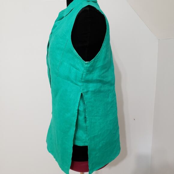 Chico's Green Sleeveless 100% Linen Button Front Blouse Medium Petite - Picture 7 of 11